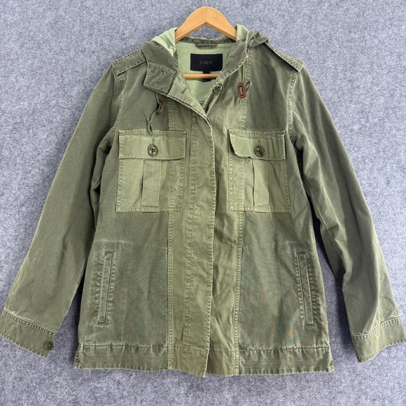 J Crew Womens Jacket S Army Green Field Coat Barn Chore Hooded Zip Pockets - Picture 1 of 12
